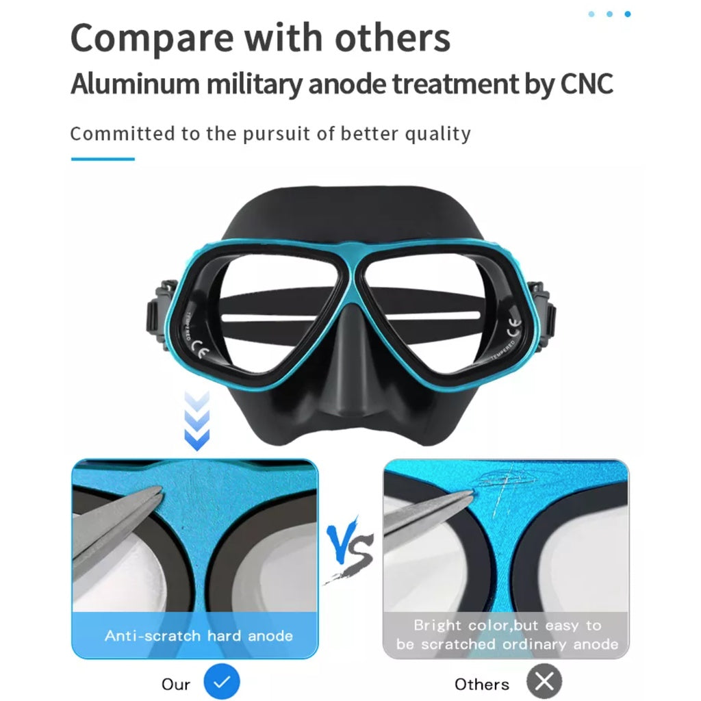 Translucent Aluminum Frame Tempered Glass Low Volume Freediving Mask Set