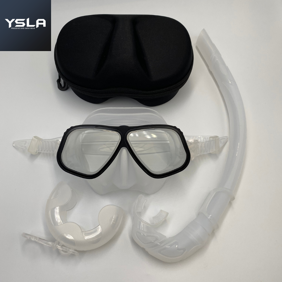 Translucent Aluminum Frame Tempered Glass Low Volume Freediving Mask Set