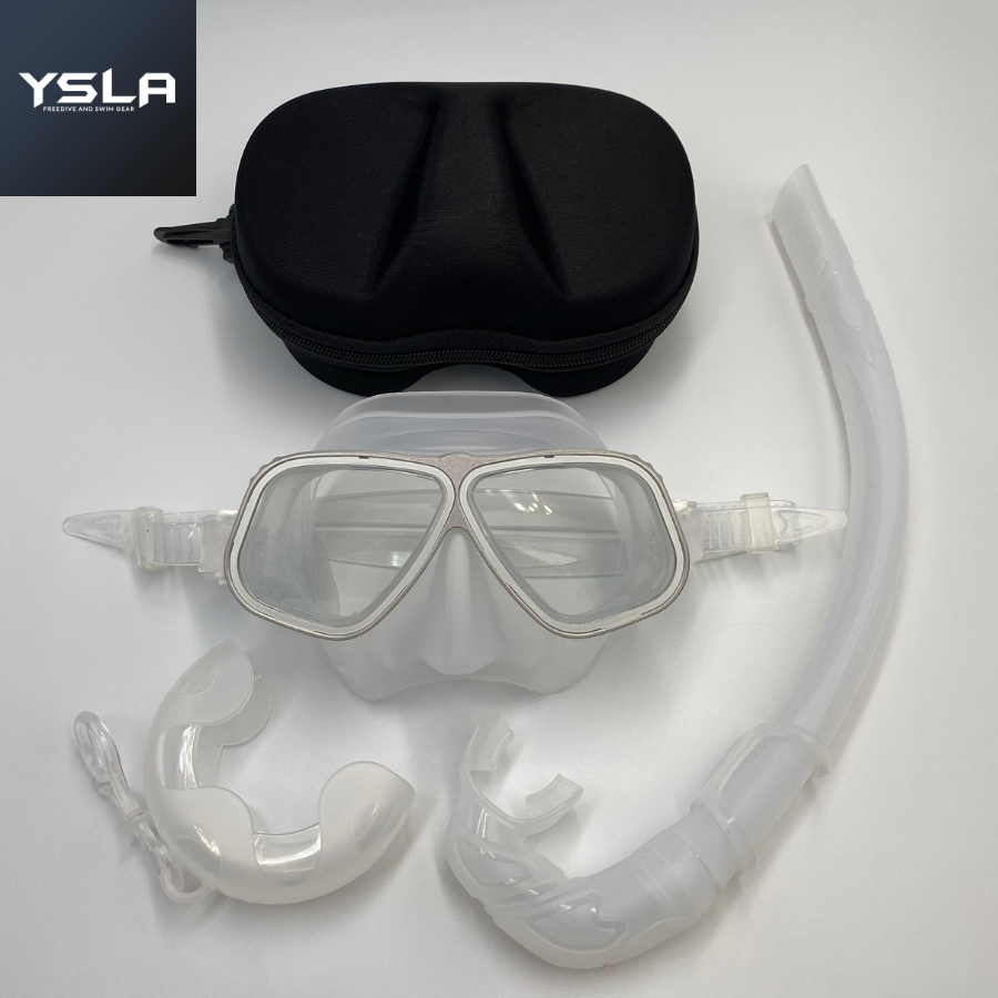 Translucent Aluminum Frame Tempered Glass Low Volume Freediving Mask Set