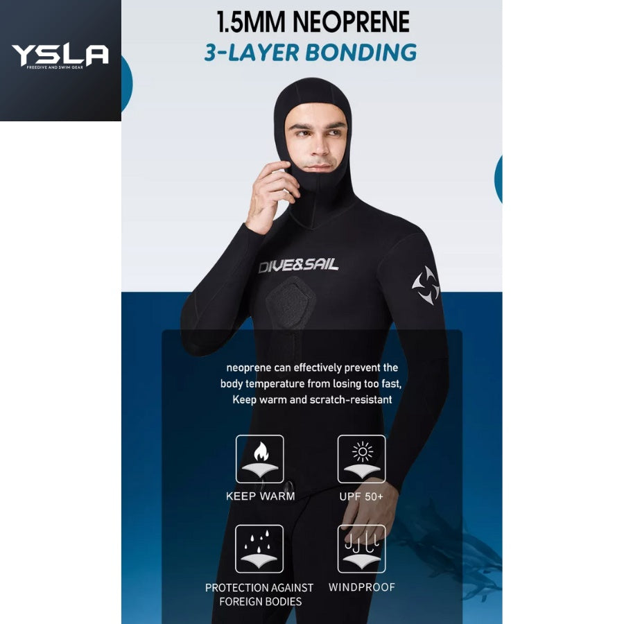 Trahe Dive and Sail 2piece Hooded Wetsuit 1.5mm Neoprene for Freedive Spearfishing Scuba Diving